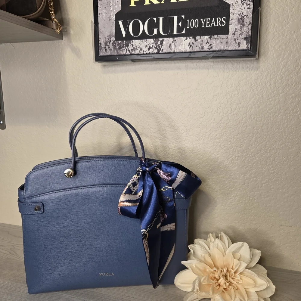 Furla Blue Handbag with Scarf Accent - Picture 1 of 13